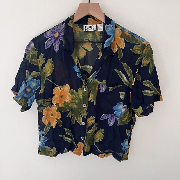 CHICO'S Women’s Short Sleeve Button Up Silk Blouse Blue/Green Leaves Size 0 - Picture 1 of 4